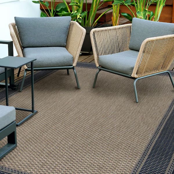 Blue/Gray Texture Border 8 ft. x 10 ft. Indoor/Outdoor Area Rug