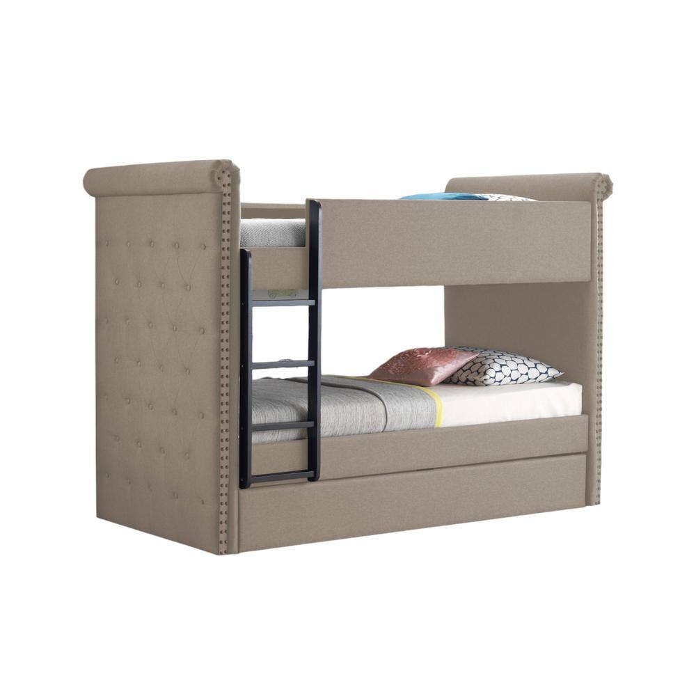 Beige Twin Bunk Bed with Trundle and Tufted Upholstery