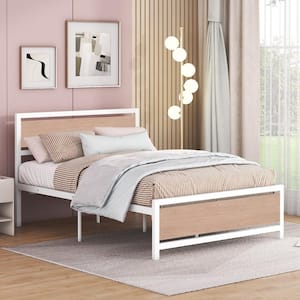 White Metal Frame Full Size Platform Bed with Wood Headboard and Footboard, Extra Slat Support