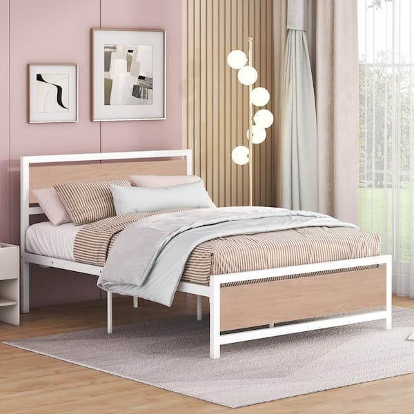 Harper & Bright Designs White Metal Frame Full Size Platform Bed with Wood Headboard and Footboard, Extra Slat Support