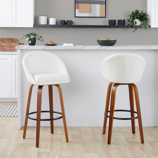LumiSource Matisse Highback 29.75 in. Cream Fabric, Walnut Wood and Black Metal Fixed-Height Bar Stool (Set of 2)