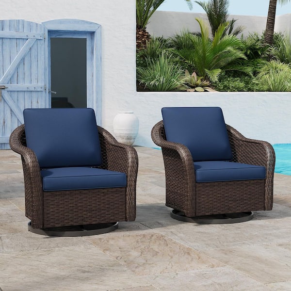 2-Piece Brown Wicker Frame Outdoor Rocking Chair Patio Swivel Chairs Lounge Chair with Dark Blue Cushions