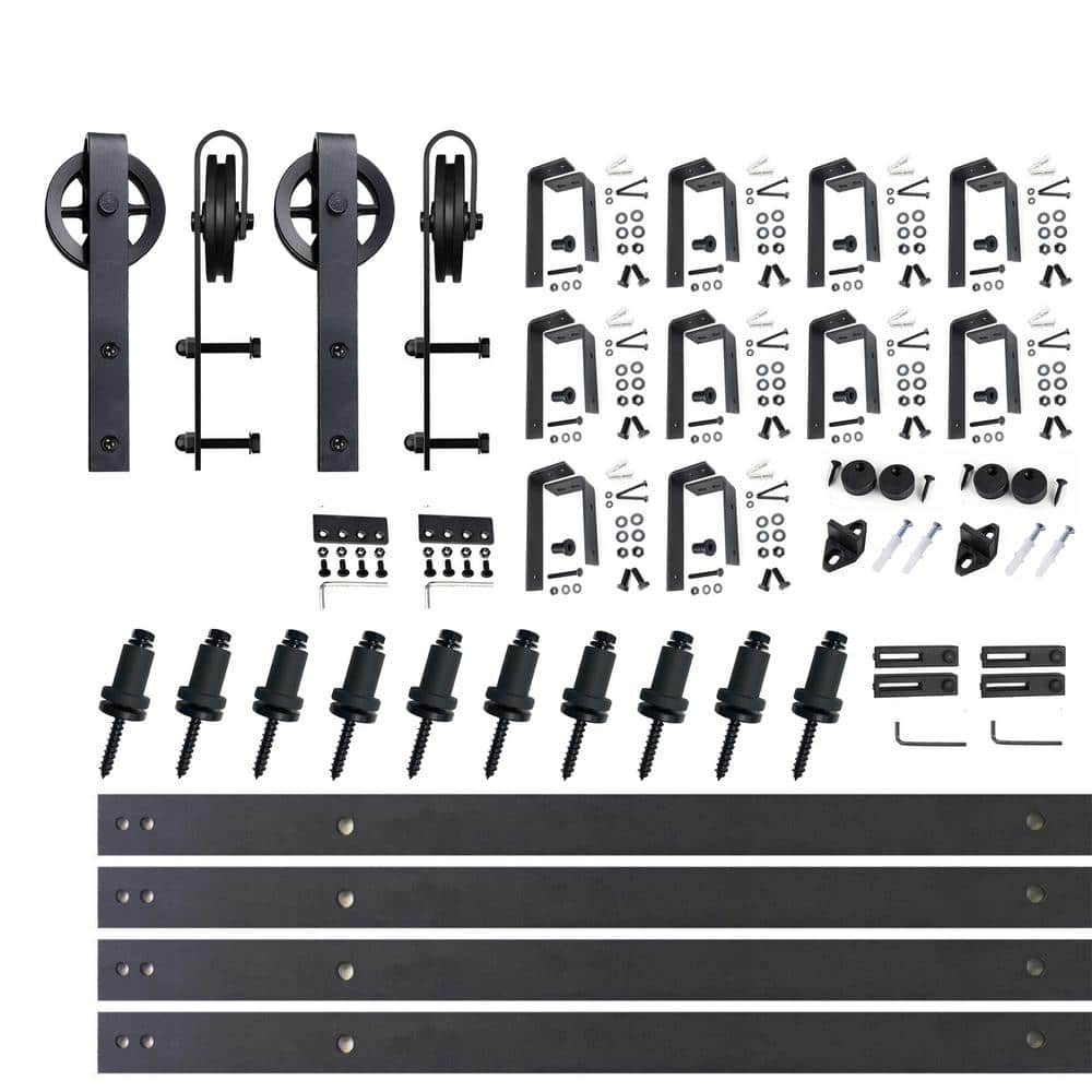 Black Rustic Double Track Bypass Sliding Barn Door Hardware Kit, 12ft