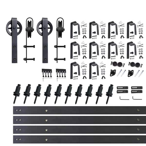 HOMACER 14 ft./168 in. Black Rustic Double Track Bypass U-Shape Sliding Barn Door Hardware Kit - Spoke Wheel Design Roller