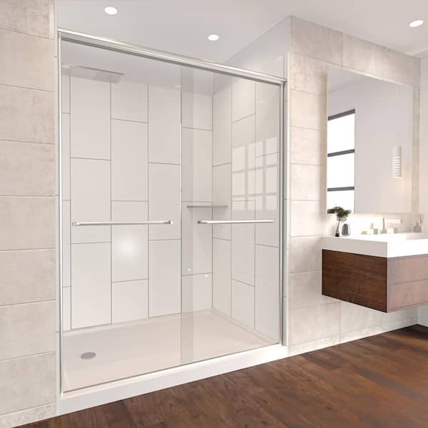 NuVo Winter White-Rainier 60 in. x 34 in. x 83 in. Base/Wall/Door Rectangular Alcove Shower Stall/Kit Chrome Center