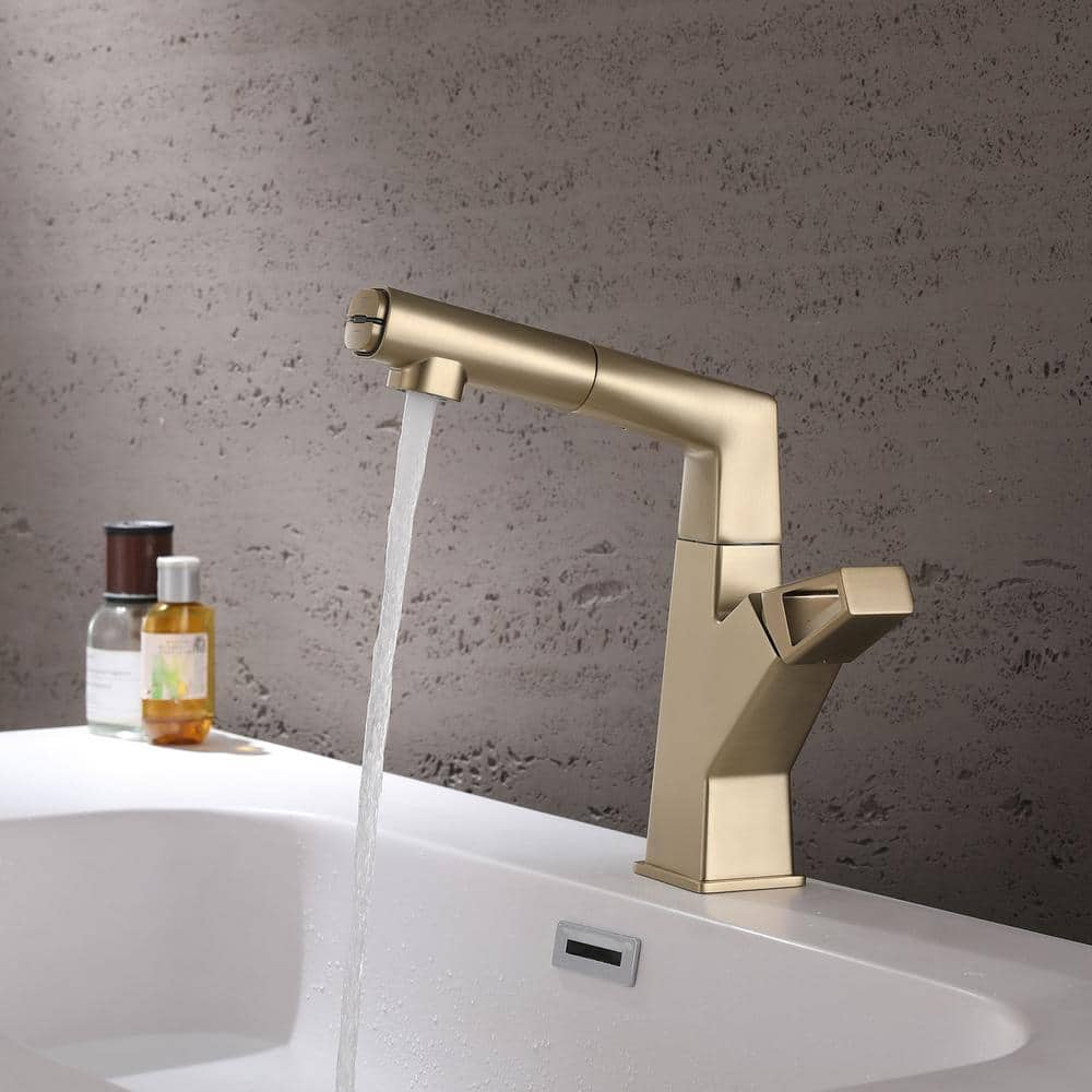 Brushed Gold Deck-Mounted Bathroom Faucet with Pull Out Sprayer