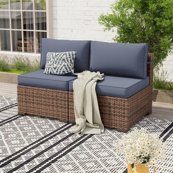 Poteban Brown Wicker Outdoor Loveseat with Cooling Gray Cushions
