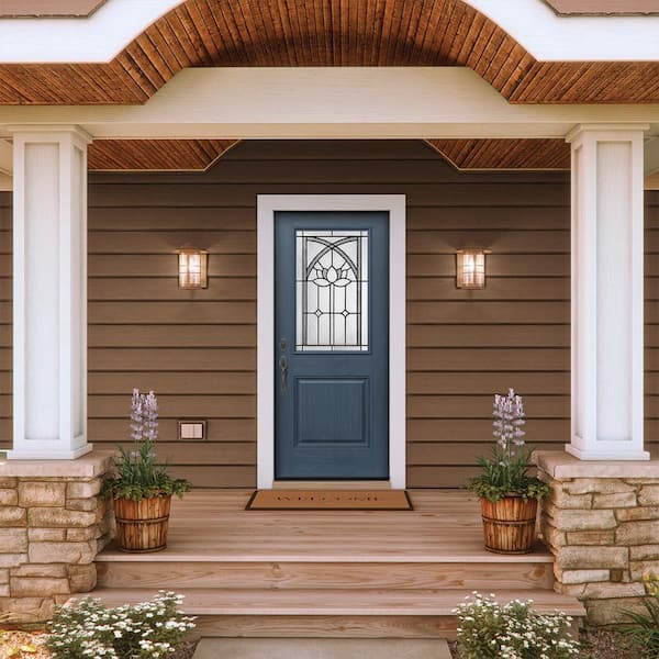 36 in. x 80 in. Right-Hand/Inswing 1/2 Lite Ardsley Decorative Glass Denim Fiberglass Prehung Front Door