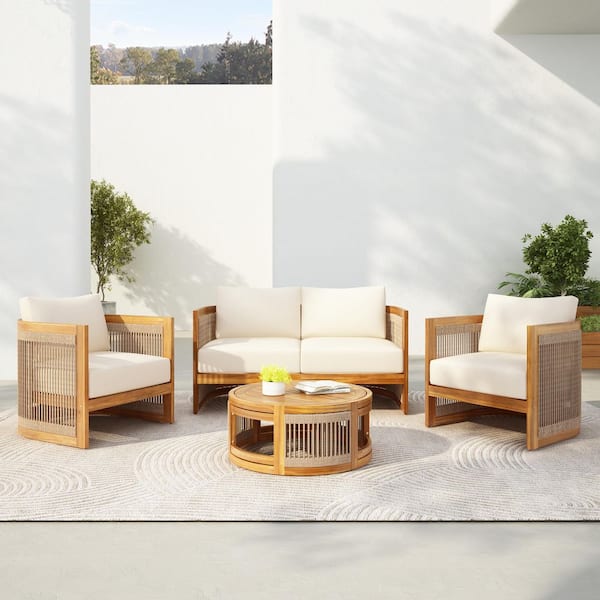 4-Piece Wood Patio Conversation Set with Beige Cushions and Coffee Table
