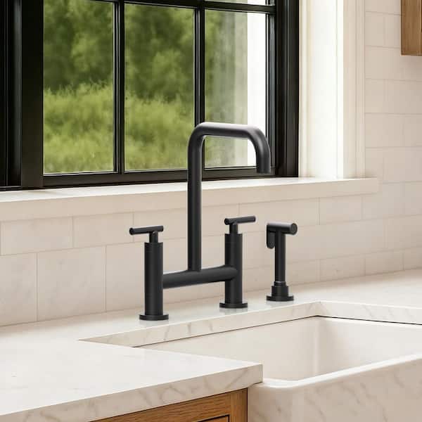 13 in. H 2-Handle Bridge Pull-Down Kitchen Faucet with Side Spray, 360° Swivel in Matte Black
