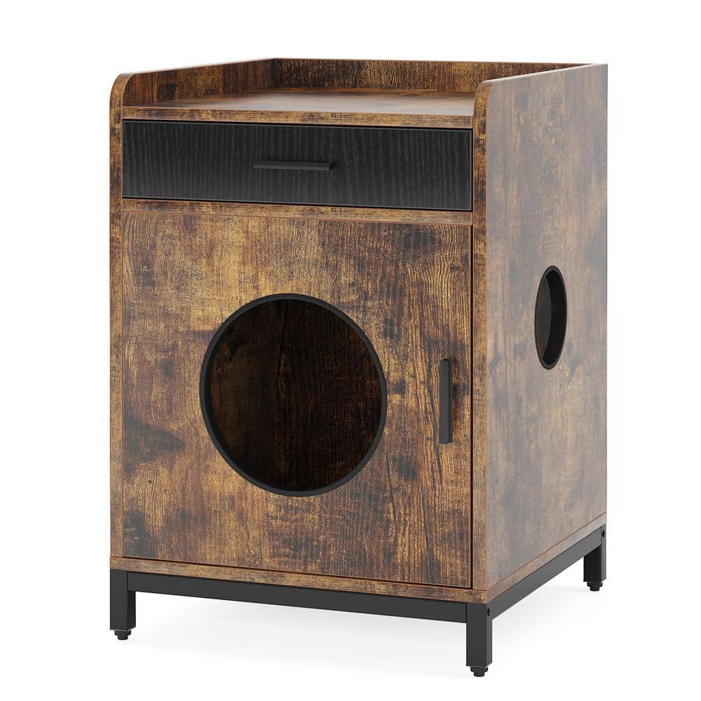 BYBLIGHT Kellum Rustic Brown Litter Box Enclosure, Industrial Cat Cabinet with Shelves and Doors, Wood Pet Crate Hidden Washroom