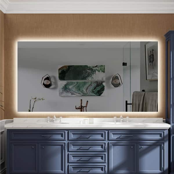 WELLFOR Kiran 84 in. W x 42 in H Rectangular Frameless Anti-Fog LED Strip Backlit Wall Bathroom Vanity Mirror in Silver