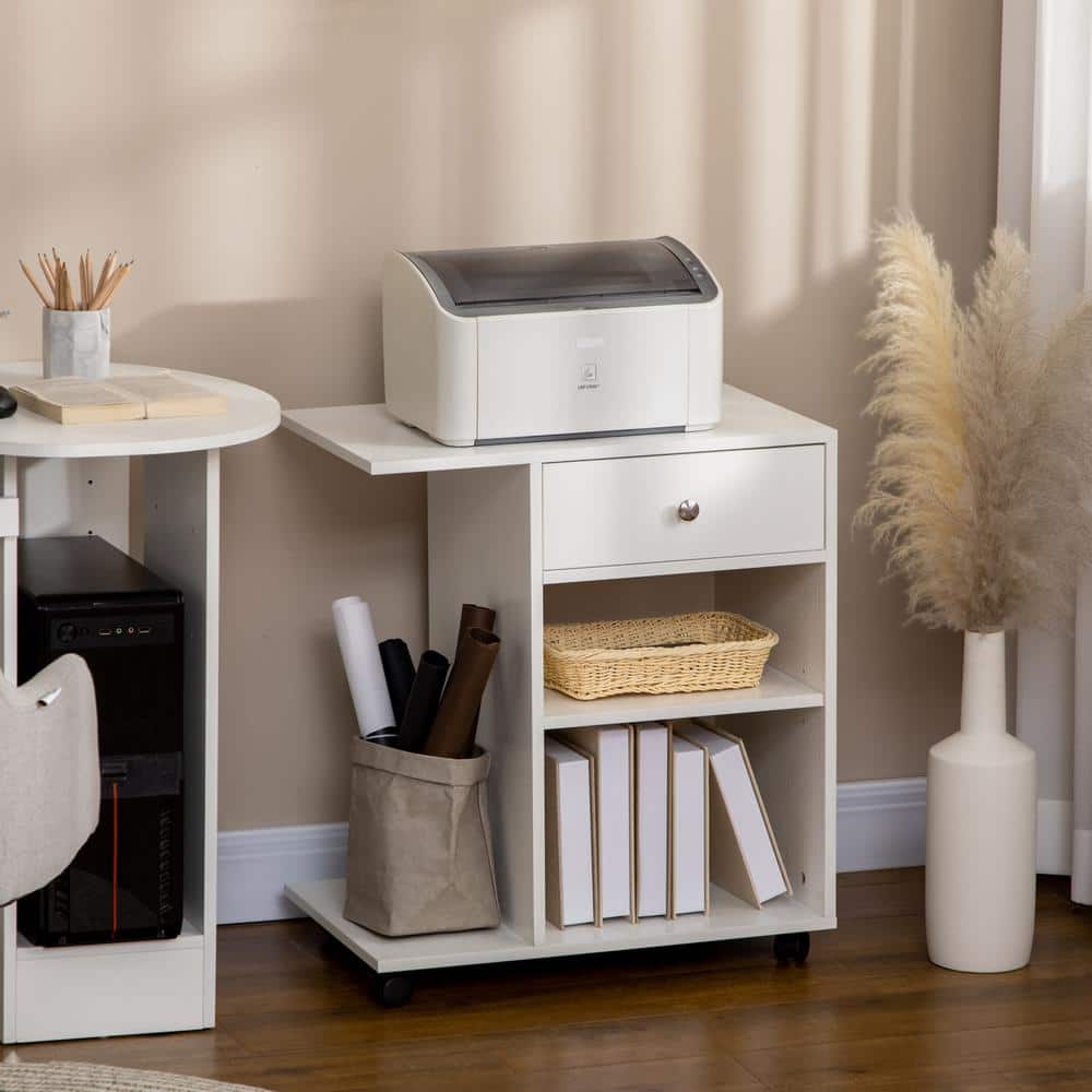 White Particleboard Mobile Printer Stand with Adjustable Shelf and Drawer