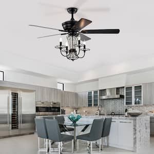 52 in. Indoor Matte Black Modern Crystal Ceiling Fan with Remote Control and 5-Dual Finish Reversible Blades, No Bulbs