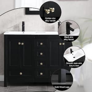 48 in. W. x 18 in. D x 34 in. H Sink Bath Vanity in Black with White Resin Double Sink Top and Drain Faucet Set