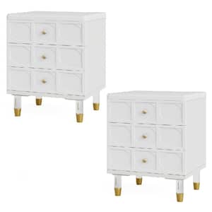 Fenley White Gold 3 Drawers 17.7 in. Nightstand Bedside Table Set of 2, Sofa End Tables Bedroom Nightstands with Storage