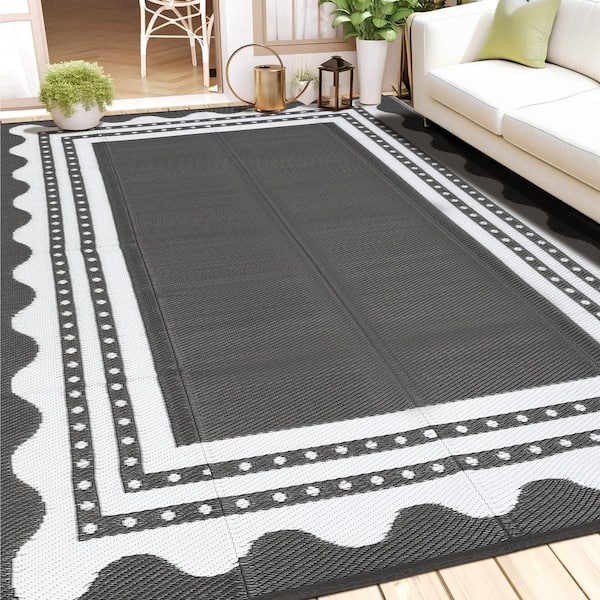 Grey and White 9 X 12 ft. Plastic Waterproof Indoor and Outdoor Area Rug, for Camping, Porch, Backyard, Deck, Picnic