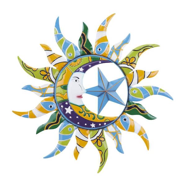 36 in. x  36 in. Metal Multi Colored Indoor Outdoor Sun and Moon Wall Decor with Abstract Patterns