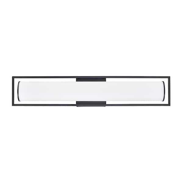 Teylor 24 in. 1 LED-Light Matte Black Vanity-Light with White Shade