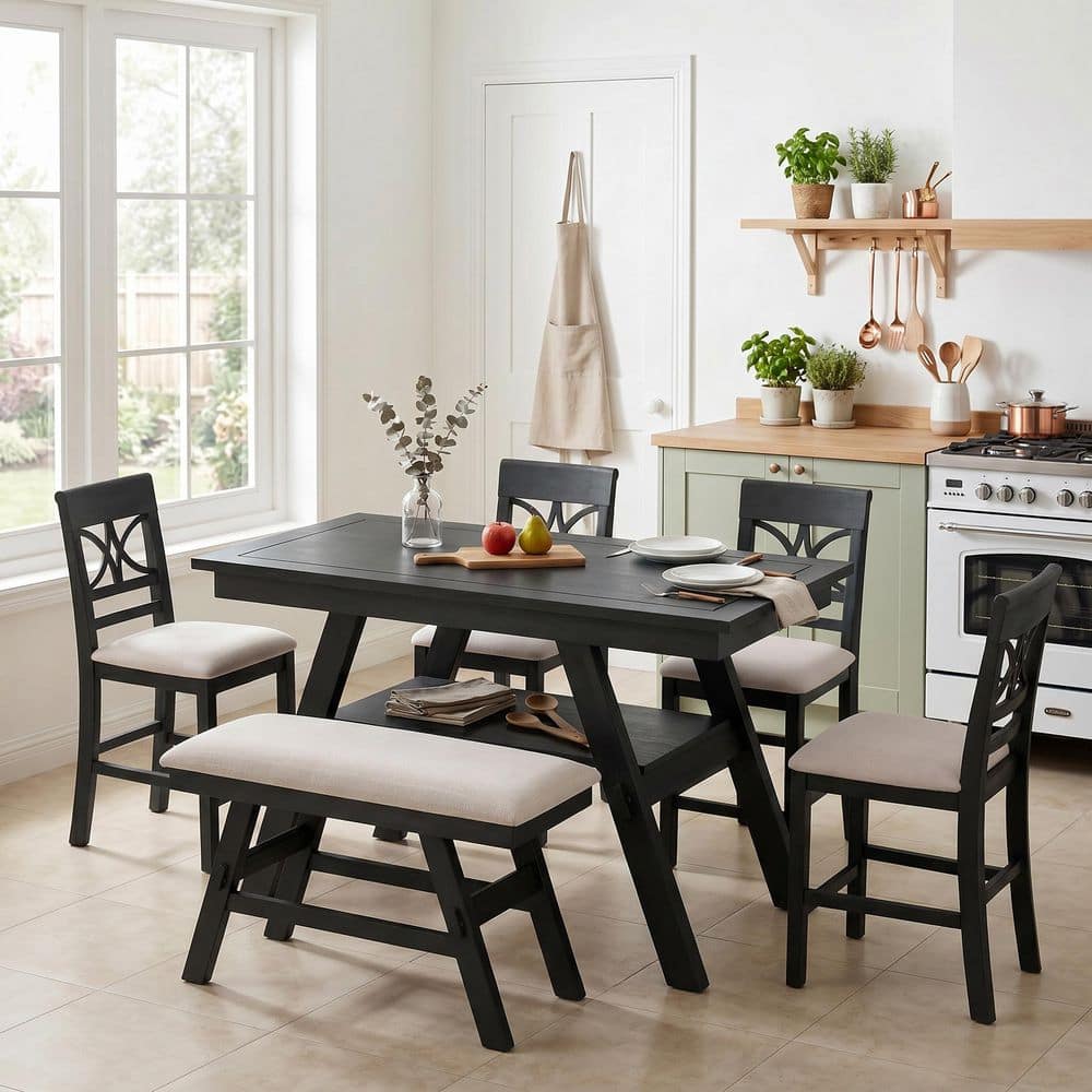 6-Piece Rectangular Espresso Wood Top Dining Room Set Seats 5 with Storage Shelf,Bench and 4 Chairs price history on PriceWatchPro