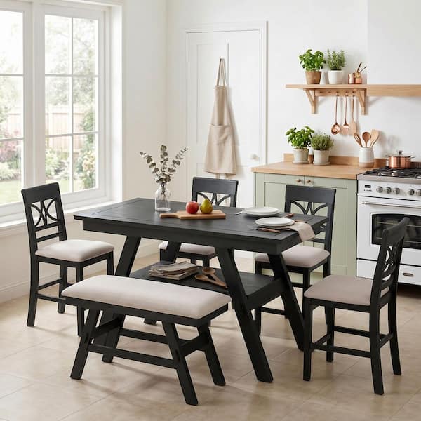 6-Piece Rectangular Espresso Wood Top Dining Room Set Seats 5 with Storage Shelf,Bench and 4 Chairs