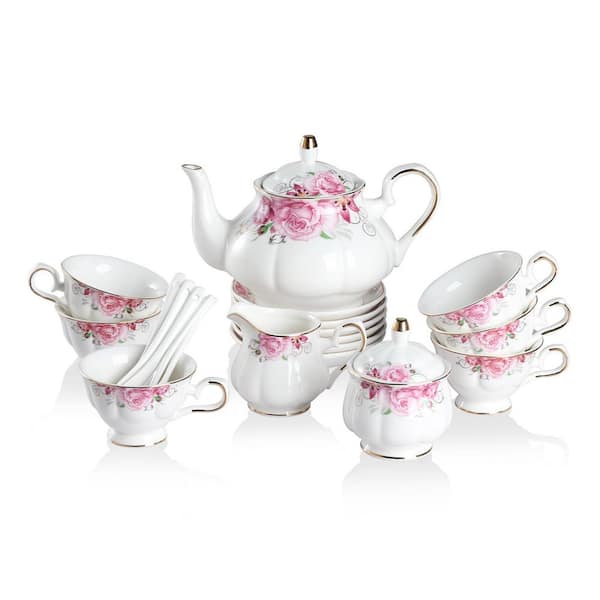 22-Piece Vintage Floral Porcelain Tea Set with Gold Rim – Teapot, Cups, Saucers, Spoons, Sugar Bowl, Creamer