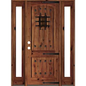 70 in. x 96 in. Mediterranean Knotty Alder Right-Hand/Inswing Clear Glass Red Chestnut Stain Wood Prehung Front Door