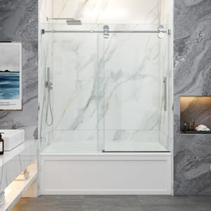 56-60.5 in. W x 66 in. H Single Sliding Frameless Smooth Sliding Tub Door in Chrome with 3/8 in. Clear Glass