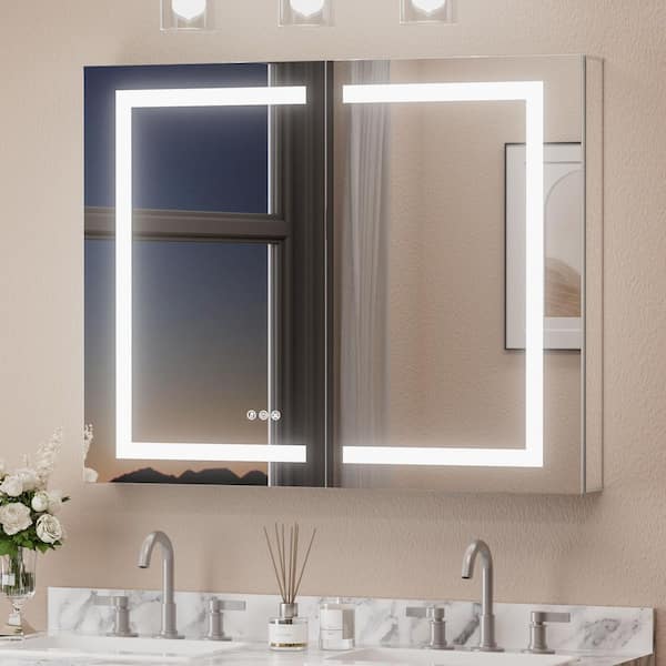 40 in. W x 32 in. H Rectangular Aluminum Surface Mount Medicine Cabinet with Mirror and 3-Color Lighted Modes, Anti-Fog