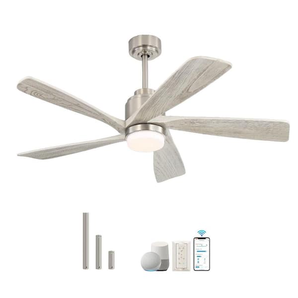 52 in. Indoor/Outdoor Smart Downrod Nickel Wood Ceiling Fan with LED Light and APP Remote Control