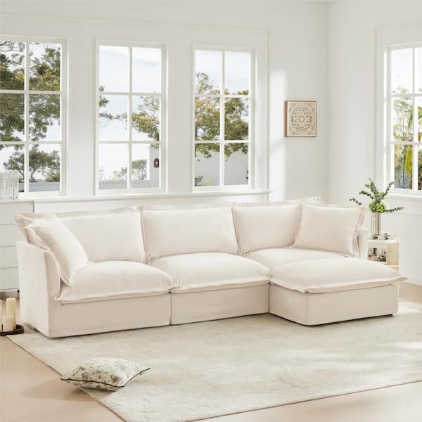 120 in. Wide Straight Arm Chenille L-Shaped Reclining Sofa with Convertible Ottoman and 2 Big Pillows in Cream
