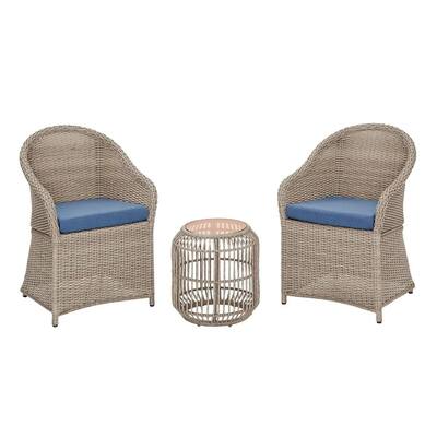 Florence 3-Piece Wicker Outdoor Patio Bistro Set with Blue Cushions
