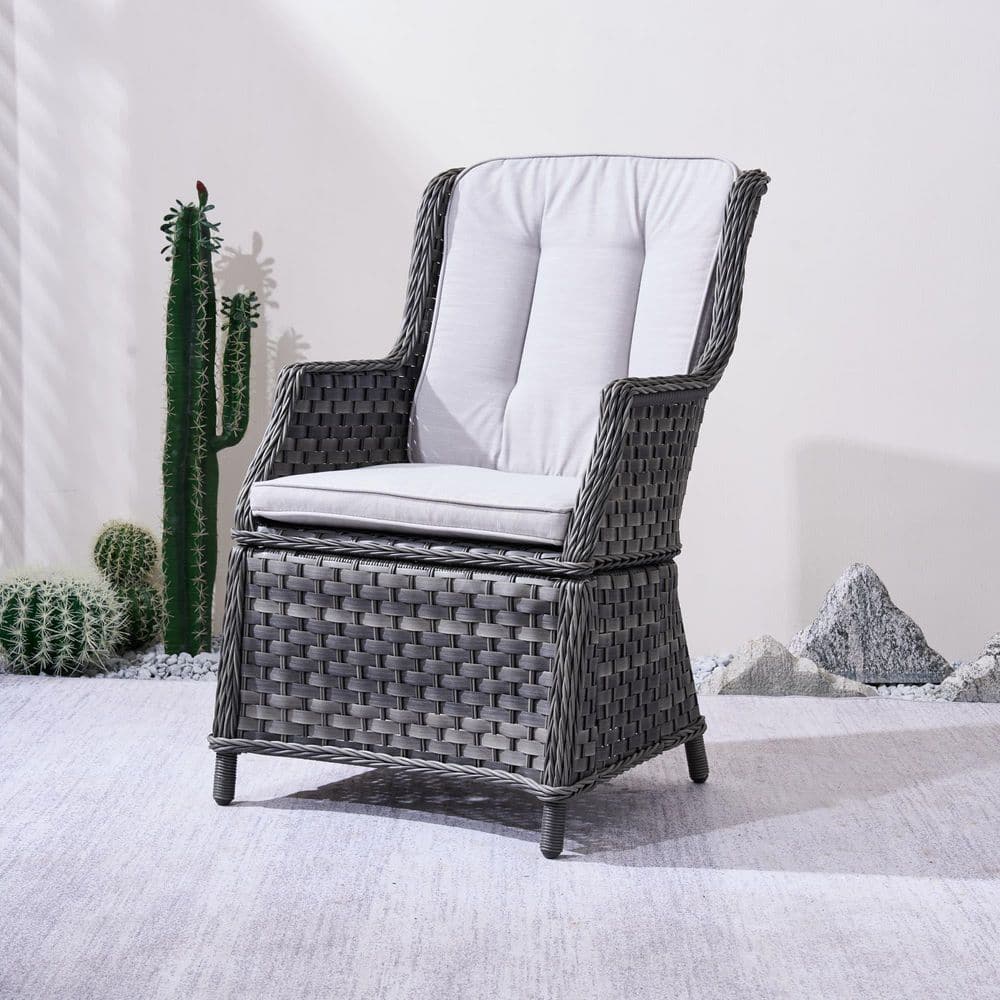 Single grey wicker outdoor chair with light grey cushions