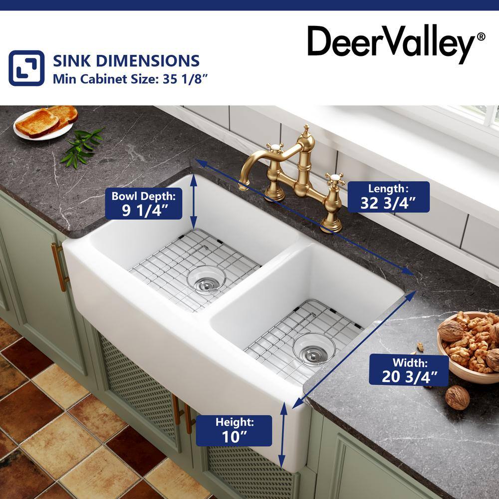 DeerValley 33" White Fireclay Double Bowl Farmhouse Sink