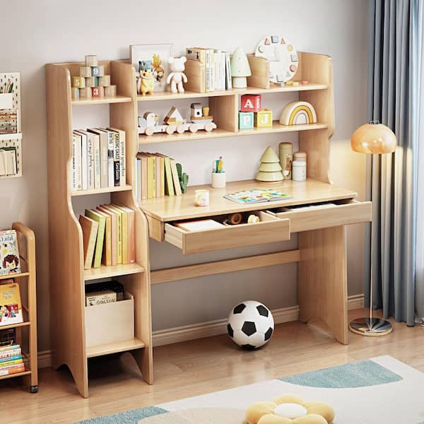 Beige Kids Study Desk with Hutch, Wooden Children's Computer Writing Desk, Kids Desk with Bookshelf and Drawers