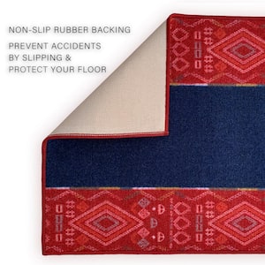 Southwestern Bordered Navy&Red Color 31 in. Width x Your Choice Length Custom Size Roll Runner Rug/Stair Runner