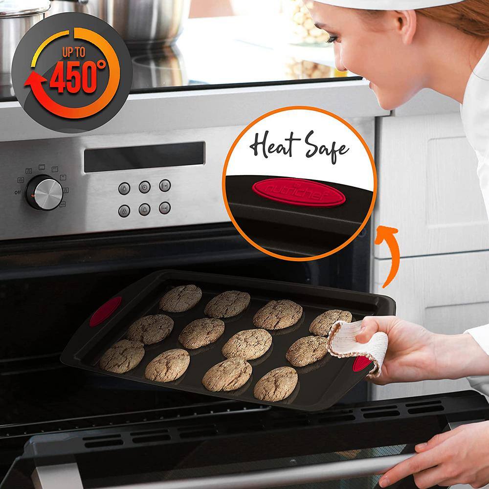 NutriChef 6-Piece Nonstick Carbon Steel Bakeware Set with Red Silicone Handles