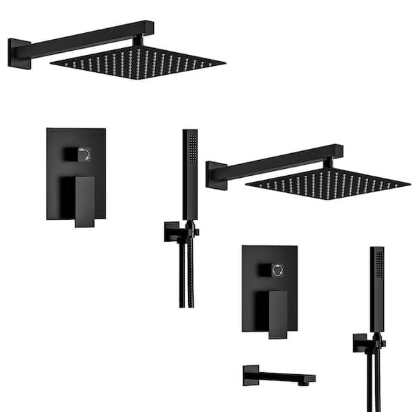 YAWWALK 10 in. Wall Mount Single Handle 2-Spray Tub and Shower Faucet Set in Matte Black (Valve Included)