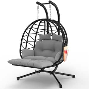 Outdoor Black Double Egg Chair Hanging Basket Chair Lounge Chair, Rattan Wicker Swing Chair with UV Resistant Cushion