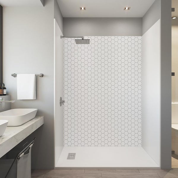 CASTICO Tile Insp. 60 in. x 32 in. x 84 in. Alcove Solid Composite Stone Shower Kit -Hexagon Shower Walls L/R WH Shower Pan Base