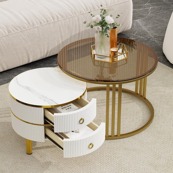Magic Home High Gloss Stackable Nesting Coffee Table with 2 Drawers, Round Brown Tempered Glass and Marble Tabletop