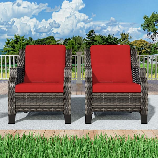 2-Pieces Wicker Outdoor Patio Furniture Sets Rattan Chair Wicker Set with Red Cushion
