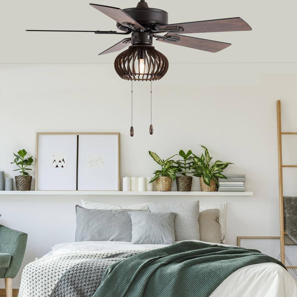 42-Inch Oil-Rubbed Bronze and Wood Caged Ceiling Fan with Light