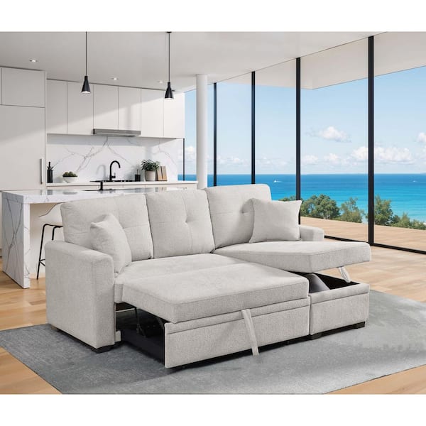 Quinlan 76.5 in. Chenille Convertible Sectional Sofa Bed in. Beige with Storage Chaise, Pull-Out Bed