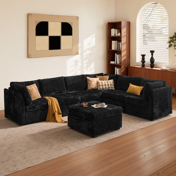 CUKE 127 in. Wide 7-Piece Modern Deep Seat Plush Corduroy L-Shape Modular Sectional Sofa Couch in Black with Ottomans