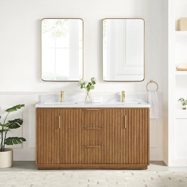 Bangkok 60 in.W x 22 in.D x 33.8 in.H Double Sink Bath Vanity in Mango Wood Light Brown with White Engineered Stone Top