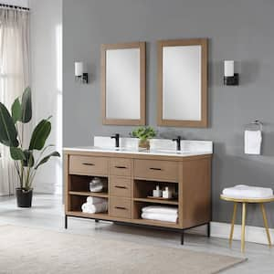 Kesia 60 in. W x 22 in. D x 34 in. H Double Sink Bath Vanity in Brown Pine with White Composite Stone Top and Mirror