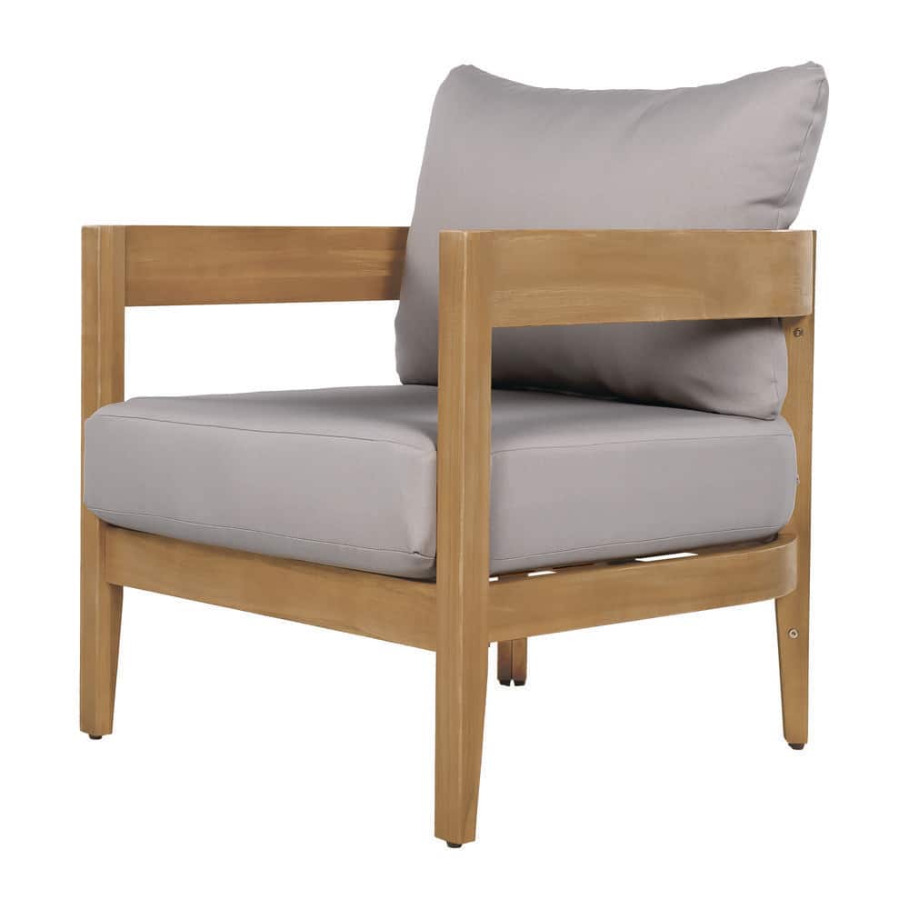 Deandre Modern Patio Solid Wood Outdoor Lounge Chair with Gray Cushion, Teak Finish