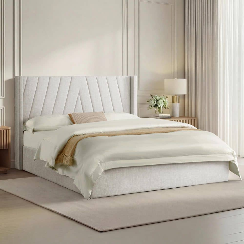 Spruce & Spring Luno White Frame Queen Platform Bed with Hydraulic Lift Storage and High Upholstered Wingback Headboard
