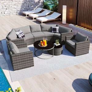 Gray 9-Pieces Wicker Modern Semicircle Patio Conversation Set with Gray Cushions